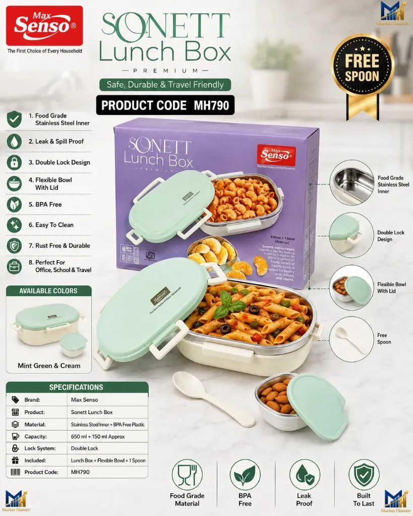 SENSO SONNET Stainless Steel Insulated Lunch Box for School & Office Airtight Leak-Proof, Tiffin Box