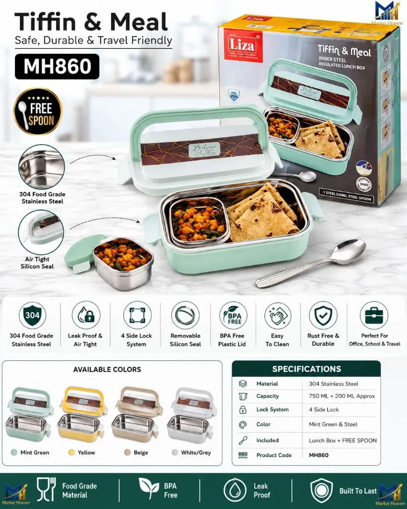 Liza-Tiffin Lunch Box Inner Stainless Steel Airtight Leak-Proof, Snacks Tiffin Box for All, Light Weight,Easy Clean (Pack of 1) multi