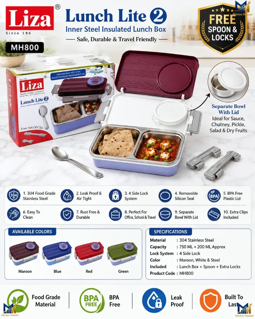 Stainless Steel Lunch Box with 3 Compartments 625ML & Separate Snack Container 90ML | Leak-Resistant Tiffin Box with Spoon | Ideal for School, Picnic & Travel (Pink, 3-Compartment)