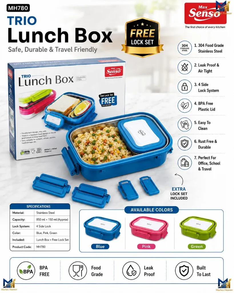 Steel Lunch Box for Kids - Durable Leakproof Tiffin with Easy Open Latches Stainless Steel Durable Quality 2 Compartments 200ml and 800ml, Perfect for School, College and Daycare, Blue