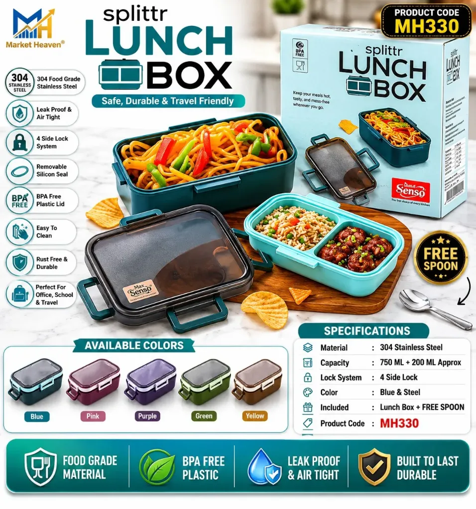Insulated Airtight Plastic Leak-Proof Lunch Box Unbreakable Lid, Snacks Tiffin for Office and School, Light Weight, Easy Clean for Office, School, Picnic & Travelling, 1000ml