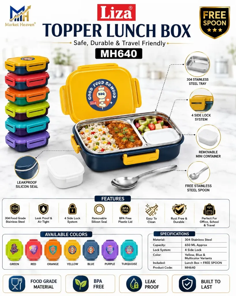 Topper Stainless Steel Bento Lunch Box 3 Compartment Leakproof | Food Grade Lunch Container for School, Office & Travel