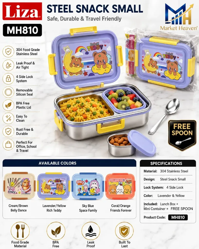 steel snack small Kids Stainless Steel Lunch Box with Cartoon Print Lid & Small Sauce Container | Leakproof Bento Lunch Box for School