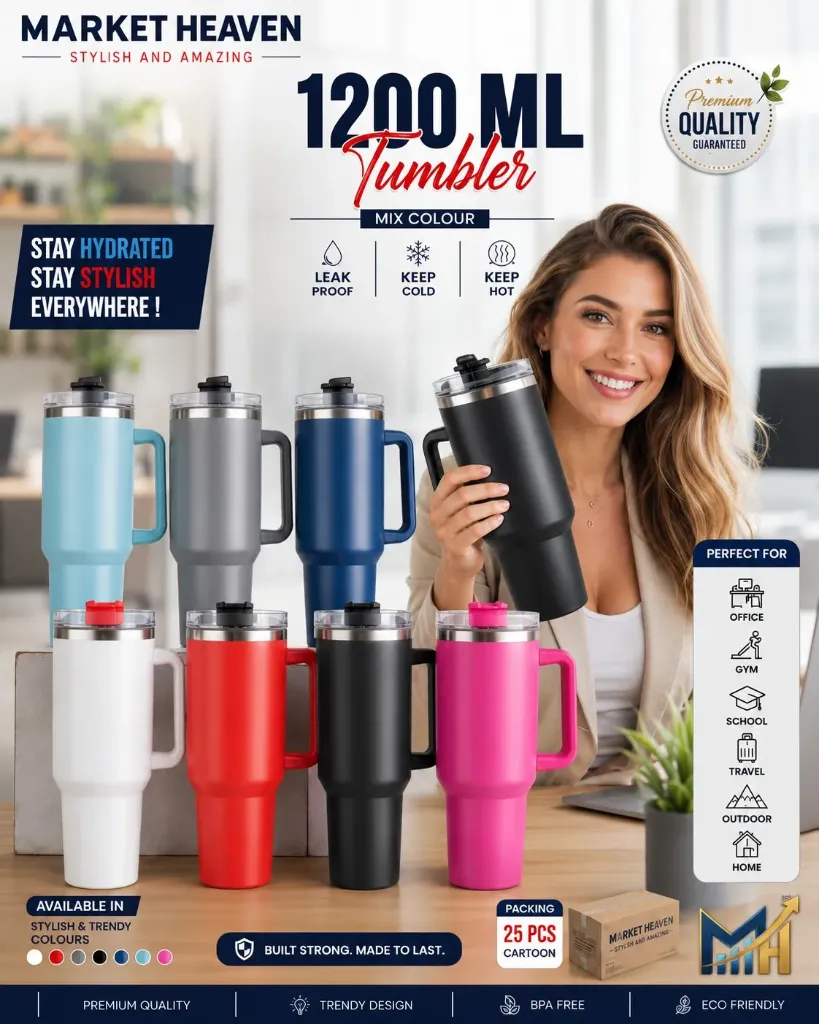 [Stainless Steel Tumbler] Stainless Steel Tumbler with Handle & Straw | Double Wall Vacuum Insulated Travel Mug | Leakproof Hot & Cold Water Tumbler | for Office, Gym, Travel & Car (Random Color)