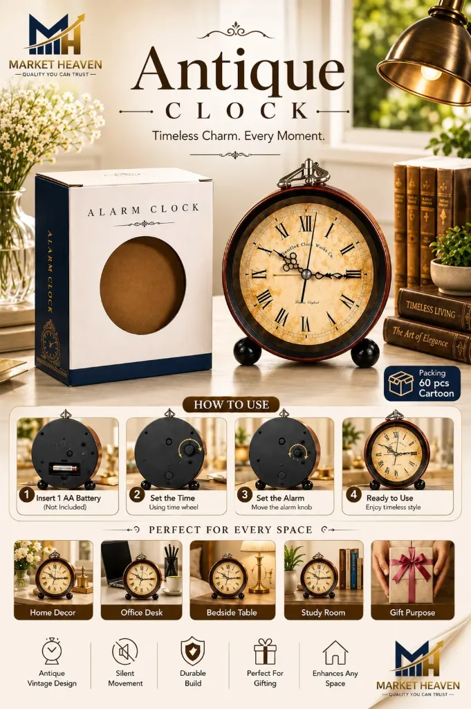 Vintage Roman Twin Bell Alarm Clock – Retro Metal Frame Table Clock with Silent Sweep Motion and Loud Luminous Alarm, Classic Bedside Clock for Bedroom and Office Decor pack of 1