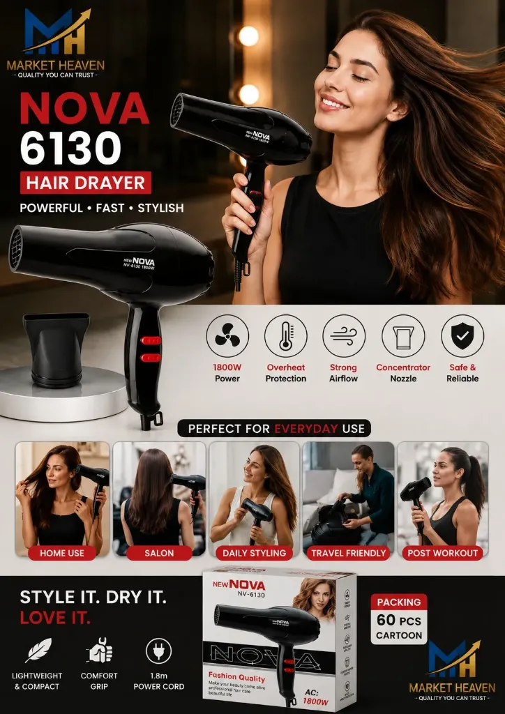 Nova Hair Dryer 1800W Powerful Hot & Cold Air Blow Dryer for Women & Men | Lightweight Hair Dryer with Styling Nozzle | Fast Drying Hair Dryer for Home, Salon & Travel Use