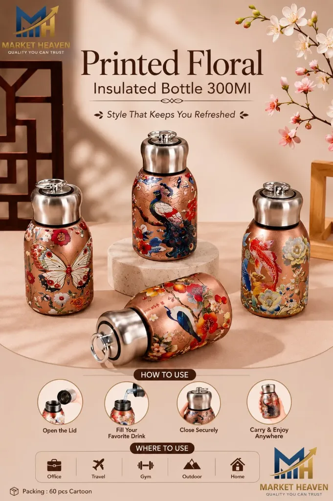 Peacock Pattern Vacuum Cup Stainless Steel Vintage Flower Thermal Water Bottle 300ml Doubl, Hot & Cold Stainless Steel Vacuum Bottle, Premium Leakproof Flask for Travel, School, Office 1pc