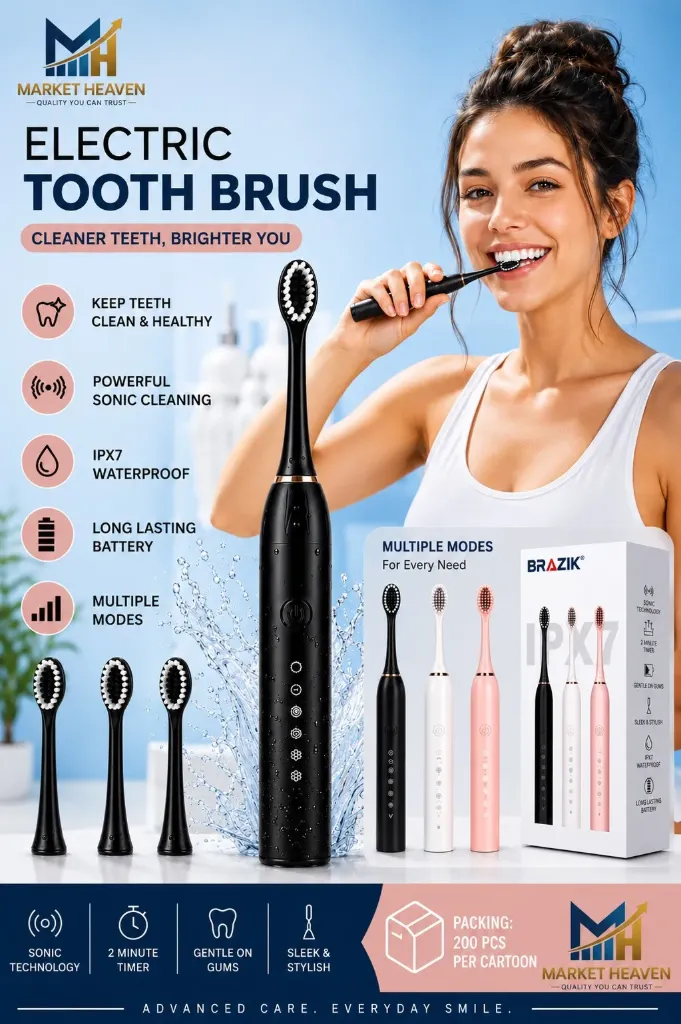 [Electric Sonic Toothbrush] Electric Sonic Toothbrush with 6 Modes, 2 Min Smart Timer| Whitening & Deep Cleansing Ultrasonic Toothbrush with 4 brush Nodes for Adults (BLACK) pack of 1