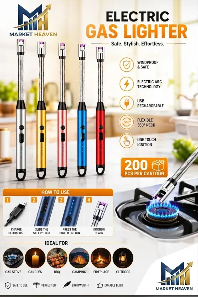 [USB Rechargeable Electric Gas Lighter] USB Rechargeable Electric Gas Lighter for Kitchen | 2026 Tech Upgraded | 450 Clicks – Windproof Flameless Plasma Arc Lighter with Safety Lock & Battery Indicator, Candles & Pooja,BBQ (Assorted) pack of 1
