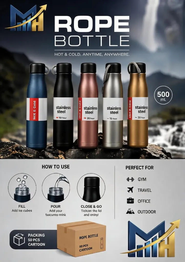 Stainless Steel Vacuum Insulated Water Bottle 500ml, Hot & Cold Thermal Flask, Leak Proof Double Wall Bottle for Office, Gym, Travel (Black) pack of 1