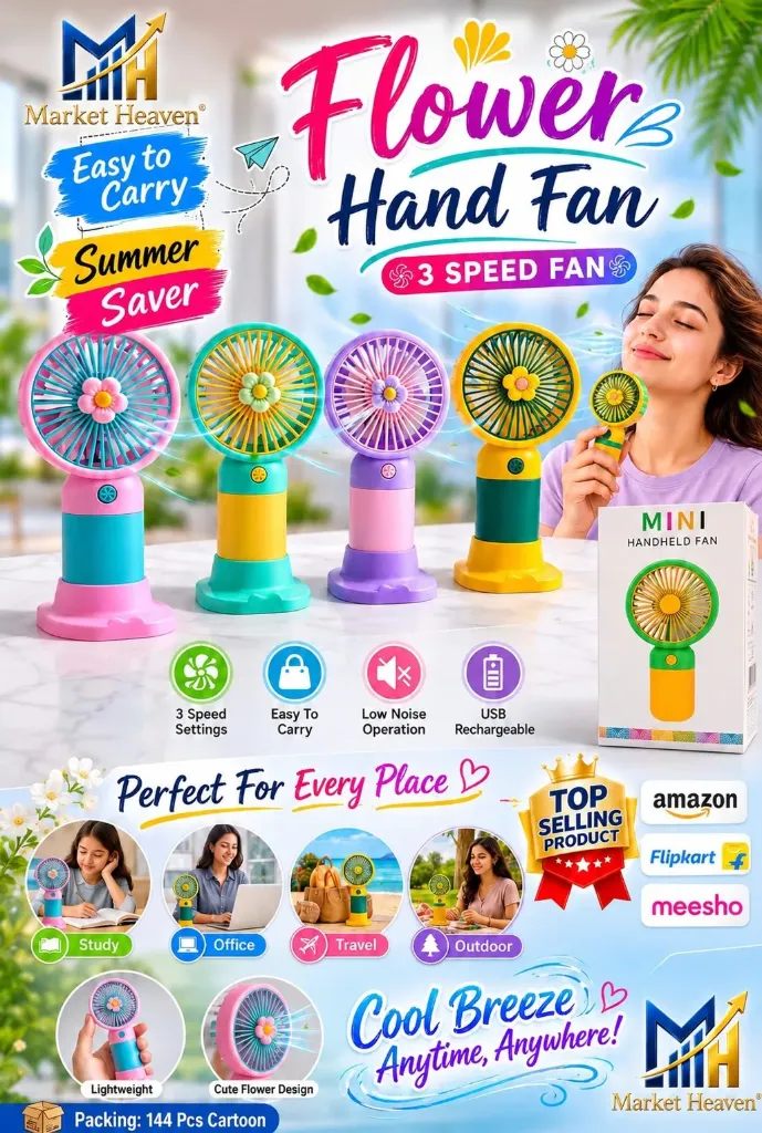 Portable USB Fan – Rechargeable 1200mAh Battery Korean Style, Up to 6 Hours Working Time, 3-Speed Modes, Low Noise, Compact & Lightweight with USB Cable (Random Color) pack of 1