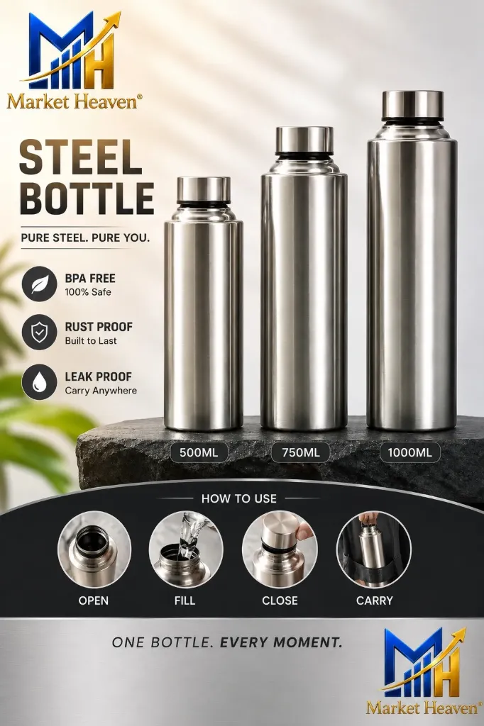Stainless Steel Water Bottle | Leak Proof Reusable Steel Drinking Bottles | Fridge-Friendly Water Storage Bottles for Home Kitchen Office School Gym Travel | Durable Metal Bottle Set pack of 1