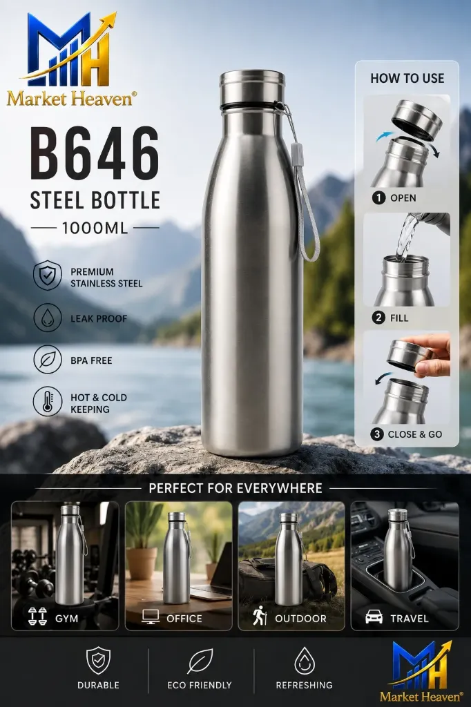 Stainless Steel Water Bottle, Leak Proof Metal Drinking Bottle, BPA Free Reusable Fridge Water Bottle with Carry Strap for Office, School, Gym, Travel, Hiking, Cycling & Home, Silver pack of 1