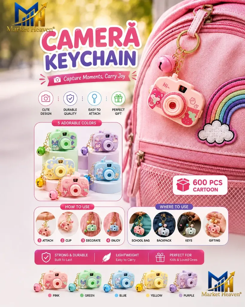 [Projector Camera Toy] Projector Camera Toy with Bell for Kids and Girls, Kawaii Style Multicolor Design, Light Projection Feature, Fun Cartoon Keychain for Bags, Pouches, Zippers & Gifting pack of 1