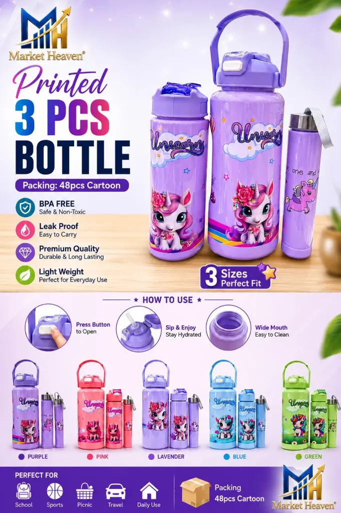 Printed 3 pcs bottle Unicorn water bottle set 1set