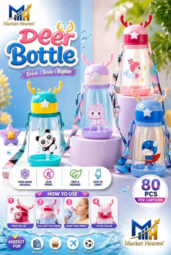 Cartoon Water Bottle for Kids - 500ml | Cute BPA-Free Drinking Bottle with Straw | Splash-Proof & Leak-Proof Sports Bottle for School, Travel & Outdoor Use multicolor pack of 1