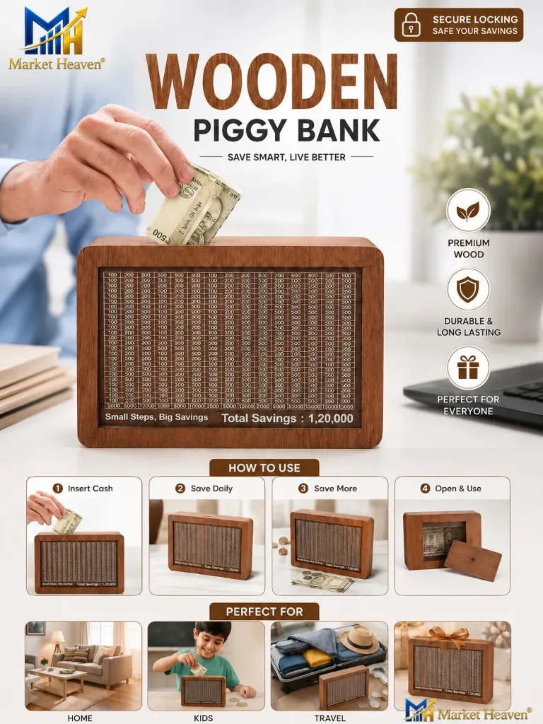Wooden 1,00,000 Savings Challenge Piggy Bank 1 Lakh Money Goal Saving Box with 50/100/200/500 Tracker Grid Reusable Cash Deposit Box for Kids & Adults Budget Planning Gift 1pc