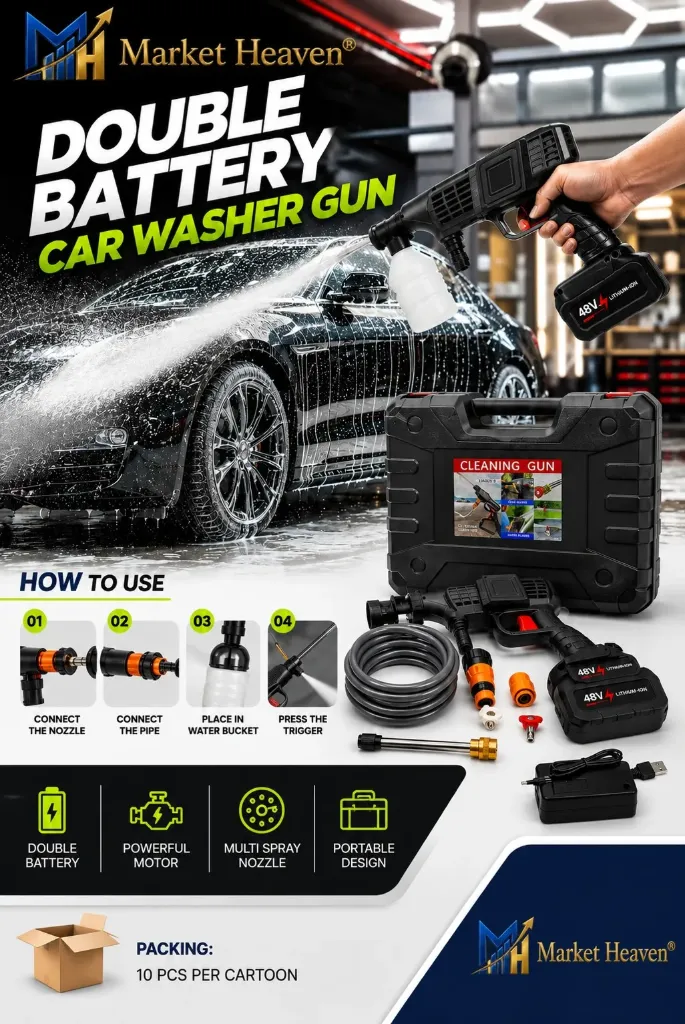 [Cordless Portable Wireless Pressure Car Washer Gun] (Double Battery.) Cordless Portable Wireless Pressure Car Washer Gun 48V 12000mAh High Pressure Water Gun for Car Wash and Bike Cleaning with Adjustable Nozzle and 5M Hose Pipe/