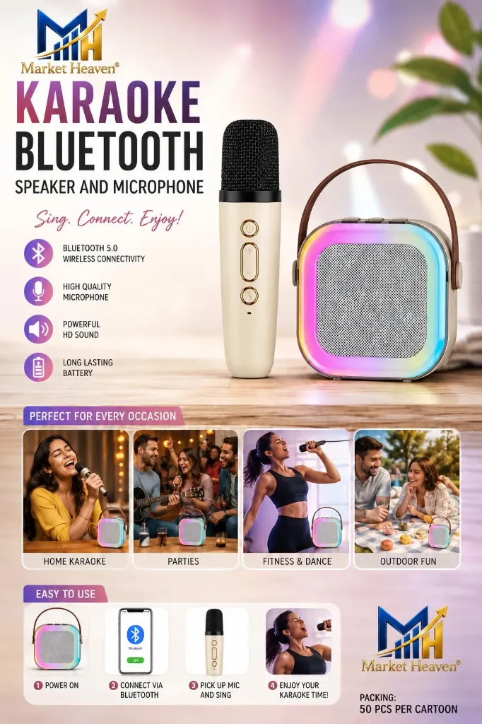 Portable Bluetooth Karaoke Speaker with 2 Wireless Microphones, Mini Karaoke Machine for Kids & Adults, Rechargeable Party Speaker with USB Charging, Home Singing System, Compact Music Player 1pcs