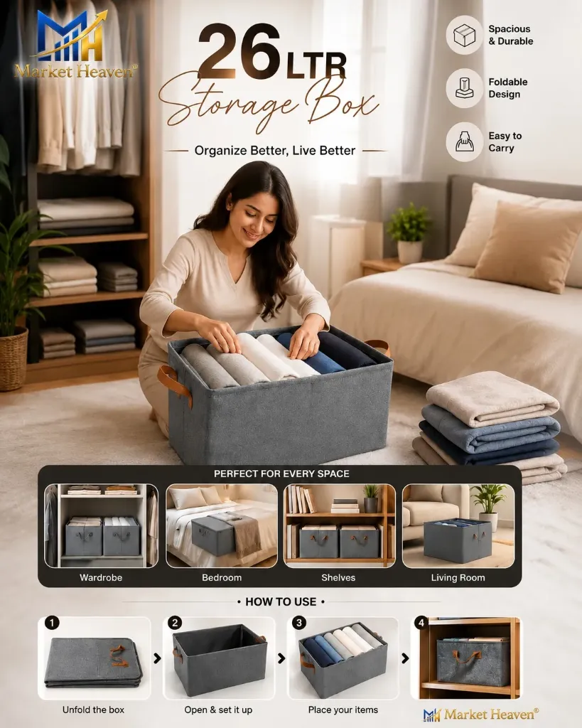 [Storage Box Closet Drawer] Polystyrene Pack of 1 Foldable Wardrobe Organizer with Durable Handle, Stuff Storage Box Closet Drawer Organizers for Clothes, Toys, Blanket etc pack of 1