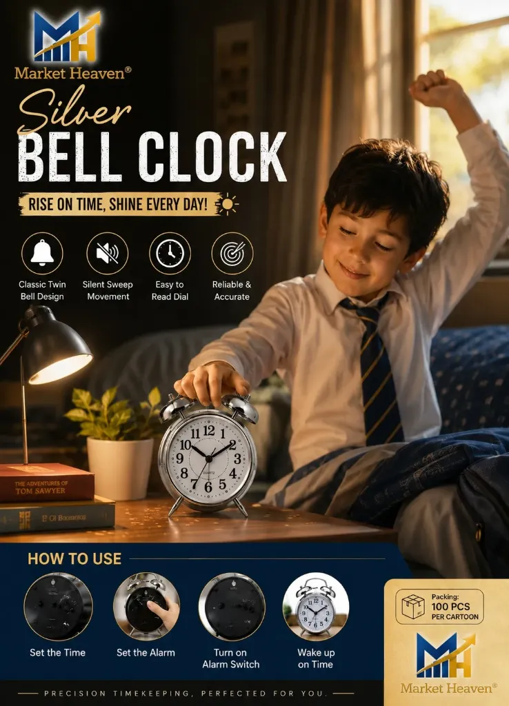 Twin Bell Alarm Clock – Classic Metal Frame Table Clock with Night Backlight, Silent Sweep Movement, Loud Alarm for Heavy Sleepers, Ideal for Bedroom, Office, Living Room & Home Décor (Silver) 1pcs