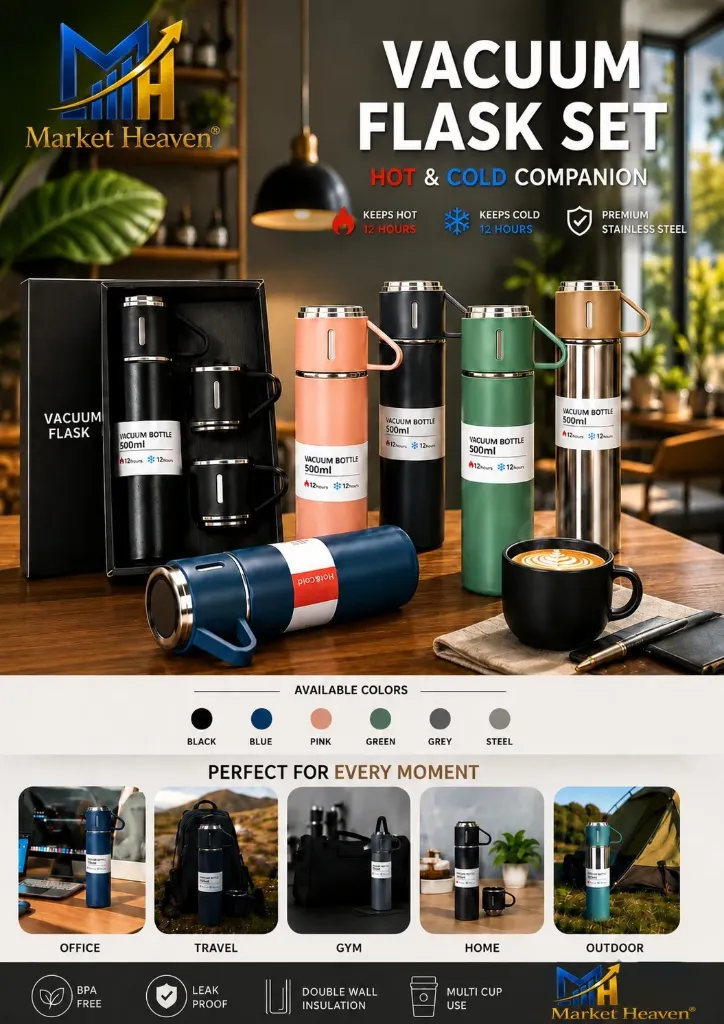 Double Wall Stainless Steel Thermo 500ml Vacuum Insulated Bottle Water Flask Gift Set with Two Cups Hot & Cold Diwali Gifts for Employees Corporate Gift Items (Peach*)(Multi Colour) 1pc