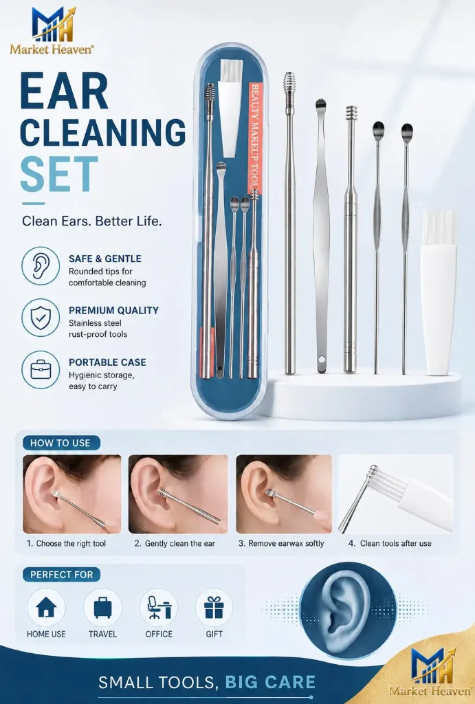 [6 in 1 Ear Wax Removal Cleaning Tool] 6 in 1 Ear Wax Removal Cleaning Tool for Adults & Kids, Reusable Earwax Cleaner with Leather Pouch, Stainless Steel Ear Pick Curette and Ear Buds Cleaner, Spiral and Spring Ear Cleaner Kit 1pcs