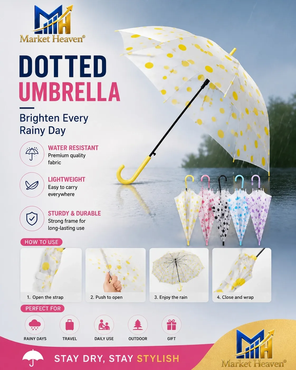 Transparent Dotted Umbrella, Polka Dots Summer Umbrella for Folding Umbrella for Kids and Adults for School College and Office (Multicolored, 1 Pcs)