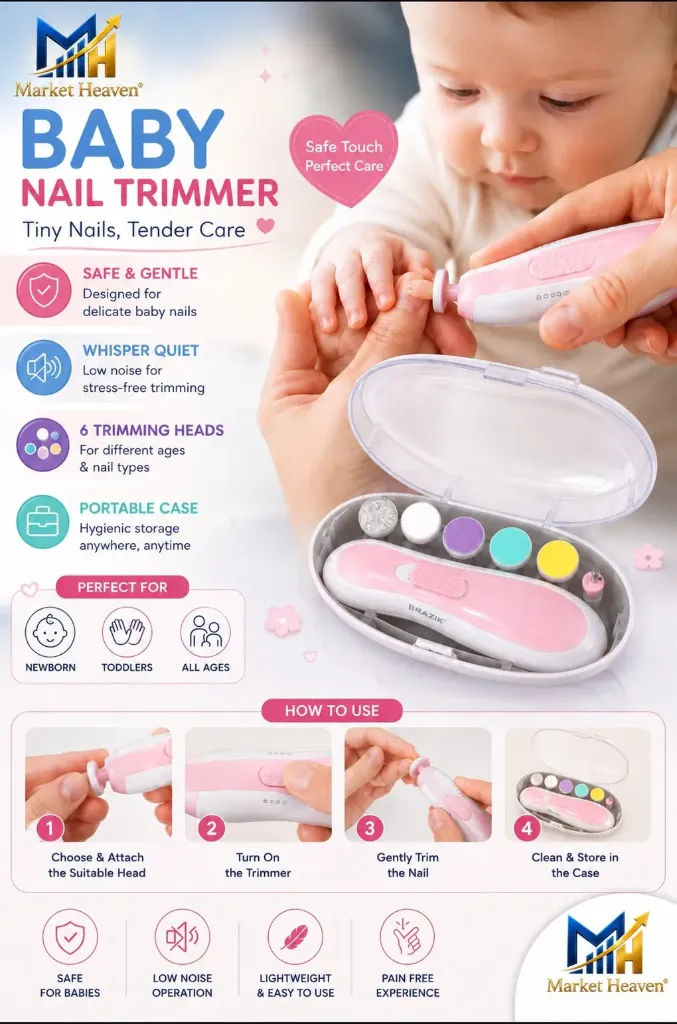 Electric Baby Nail Trimmer Nail File for Newborns, Infants & Adults | 6 Grinding Heads, 2 Rotation & Speed Modes 1pcs
