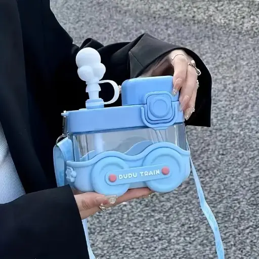 [MH-39] Cute Water Bottles For Kids Portable Drinking Cups Adjustable Shoulder Strap Blue