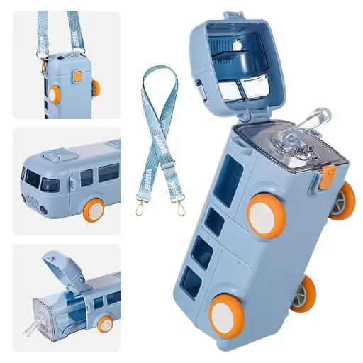 [MH-29] Bus Water Bottle School With Wheels With Shoulder Strap Children's Small Car Straw Water Cup (multi color)
