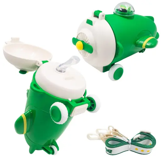 [MH-15] Aeroplane Shape Sipper Water Bottle for Kids, Cute Sipper Bottle with Silicone Soft Straw, Drinking Bottle with Straw, Shoulder Straps and Stickers, 3+ Years, 550 ml (Pack of 1, Green)