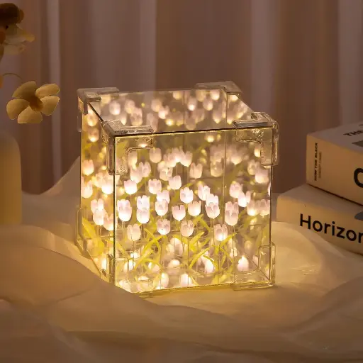 [Tulips Flower Table Lamp] Tulip Night Light,Led Decorative Nights Lamp for Bedroom,Handmade DIY Magic Cube Tulips Flower Table Lamp and Mirror,Mother's Day Gifts for Mom, Birthday Gifts for Women and Girl(Purple-Pink Tulips)
