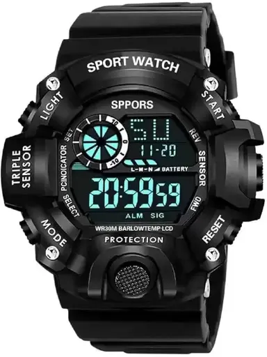 [MH-30] C-Shock Digital Men's Watch Shockproof Multi-Functional Automatic Waterproof Sports Watch (Black Dial Black Colored Strap)