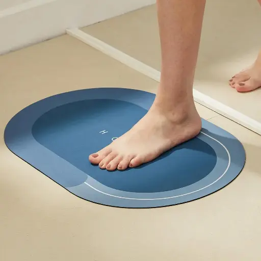 [MH-117] Rubber 1 Piece 3.5Mm Anti-Skid Water Soaking Bathroom Print Door,Oval Floor Bath Mat, Soft Quick Dry Water Absorbent Mat For Home Office 40X60Cm-Blue