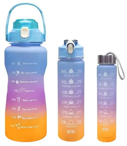 [3 in 1 Set (2L, 900ML, 300ML) Bpa Free Plastic Motivational Water Bottle With Time, Capacity Marker Unbreakable, Leakproof Water Bottle For Gym, Office, Sports, hiking, cycling Water Bottle Market Heaven] 3 in 1 Set (2L, 900ML, 300ML) Bpa Free Plastic Motivational Water Bottle With Time, Capacity Marker Unbreakable, Leakproof Water Bottle For Gym, Office, Sports, hiking, cycling Water Bottle Market Heaven