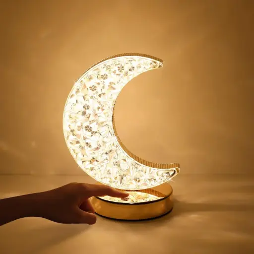 Ramadan Crystal Table Lamp, Moon Shape Night Light, Touch LED Nightstand Desk Lamp for Home Bedroom Living Room Decorations