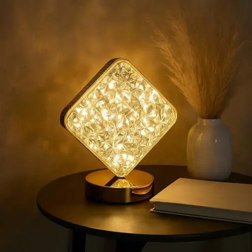 Square Shape Crystal Lamp Cordless Luxury Lamp USB Rechargeable 3-Way Dimmable Touch Control Decorative Diamond Nightstand Lamp for Bedroom, Living Room, Party, Restaurant