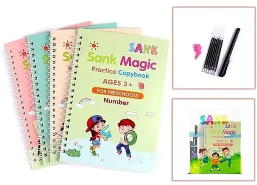 [MH-72] Magic Book for Kids, Sank Magic Practice Copybook, (4 Book+10 Refill+1 Pen+1 Grip) Number Tracing Book for Pre-Schoolers with Pen, Magic Calligraphy Copybook Set Writing Tool for Kids