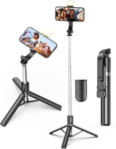 [Bluetooth Extendable Selfie Sticks with Wireless Remote and Tripod] Bluetooth Extendable Selfie Sticks with Wireless Remote and Tripod Stand with LED Light, 4-in-1 Multifunctional Selfie Stick Compatible with All Android Smartphones & Other (R1-L)