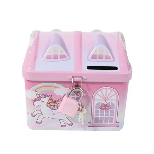 [Cute & Colorful Unicorn Printed Metal Piggy Bank] Cute & Colorful Unicorn Printed Metal Piggy Bank With Secure Lock & Keys For Kids, House Shaped Money Saving Storage Coin Collection Box For Girls, Children (Pack Of 1, Multicolor,Classic)