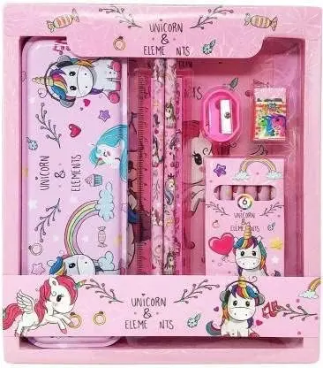 Unicorn Stationery Set with Unicorn Pencil Eraser Color Scale Pencil Box Unicorn Geometry Combo School Stationery Set Unicorn Stationery Kit for Kids ( Pink ) - 12pcs