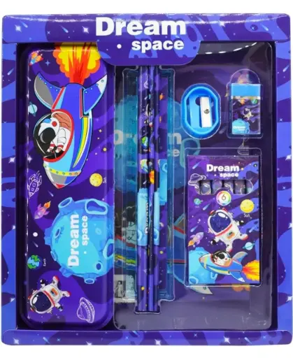 Pack of 12pcs CARTOON Theme Stationery Set FOR KIDS Set of Pencil Eraser Color Scale Pencil Box Geometry School Stationery Kit Return Gift Set (BLUE)