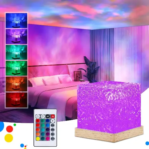 [acrylic Romantic Ocean Wave Night Light Projector Lamp, 3D Water Wave Effect, LED Projection Lamp for Bedroom Decor, Remote Control (Cube Shape)] acrylic Romantic Ocean Wave Night Light Projector Lamp, 3D Water Wave Effect, LED Projection Lamp for Bedroom Decor, Remote Control (Cube Shape)